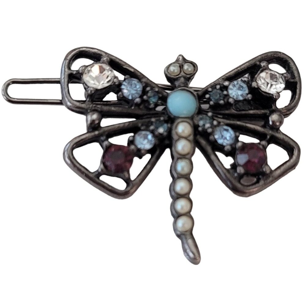 Yosca Faux Pearl Red Blue Rhinestone Butterfly Barrette, Signed E667